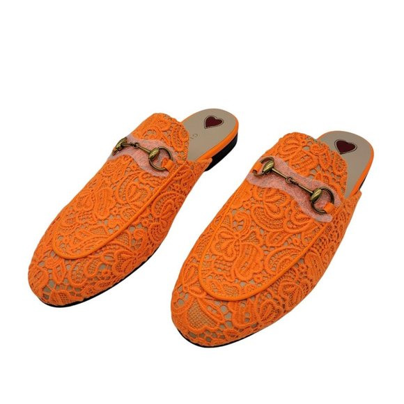 Gucci Princetown Orange Floral Lace Mules Size 38 - Picture 4 of 10